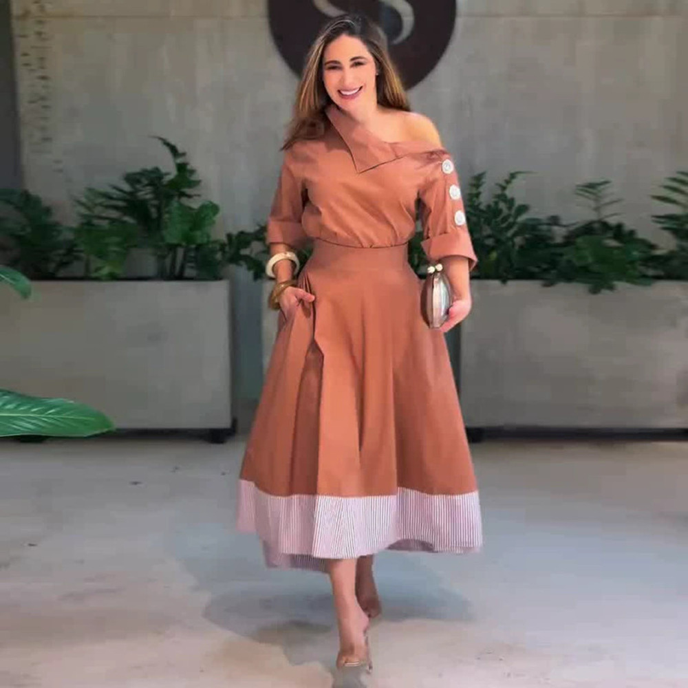 Forever 21 Asymmetric Neck Fitted Waist Three Quarter Sleeve Flared Midi Dress